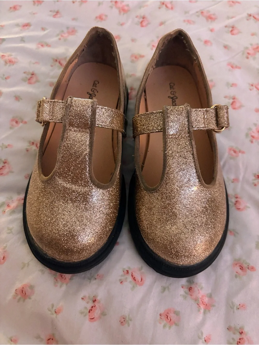Cat & Jack Girls' Glitter Gold T-Strap Dress Shoes